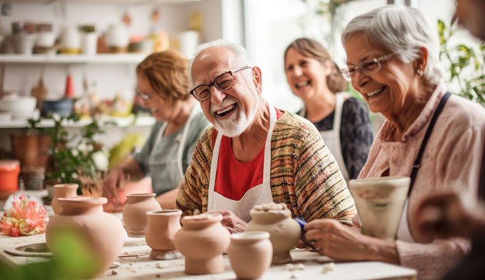 Group of happy seniors in a pottery class