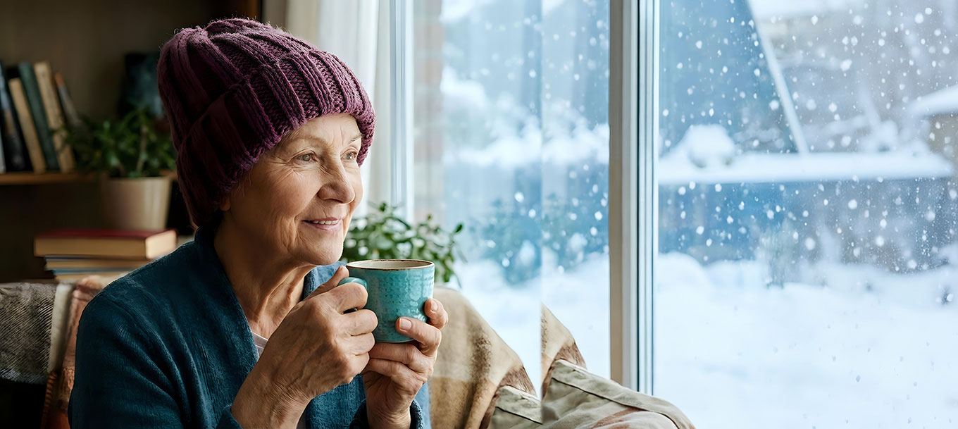 Senior woman looking out her window while enjoying a warm cup of tea