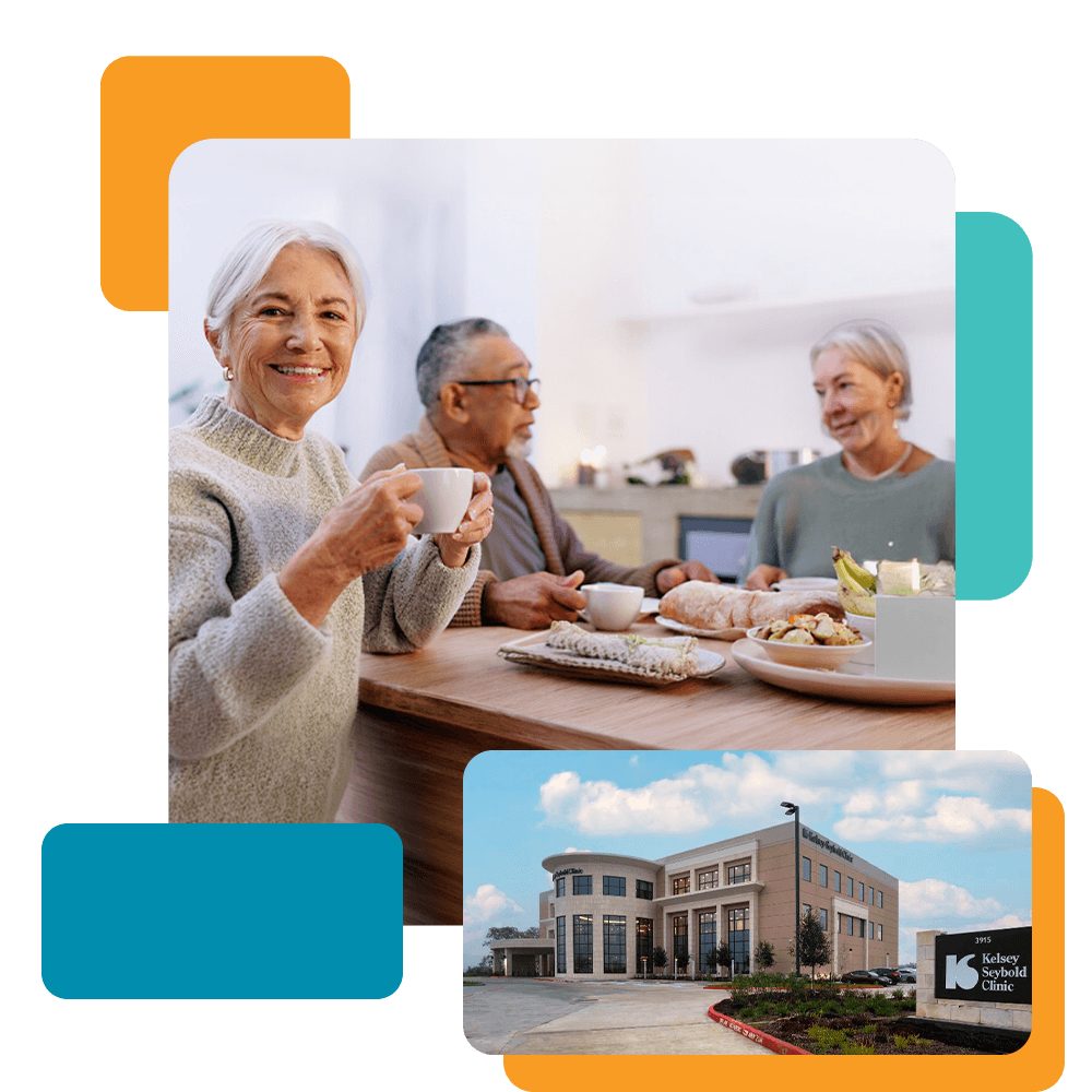 Image of smiling seniors eating breakfast and the Kelsey-Seybold Rosenberg Clinic