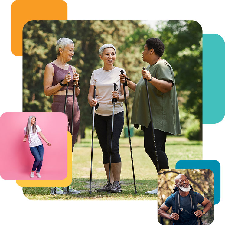 Image collage of active, happy seniors hiking and dancing
